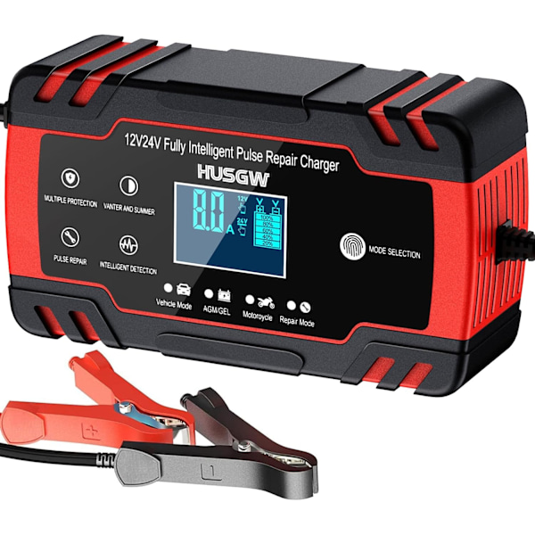 Batterioplader, 8A 12V / 4A 24V Fuldautomatisk Smart Bilbatterioplader, LCD-display Bruges i Bil, Motorcykel, osv. Batterioplader