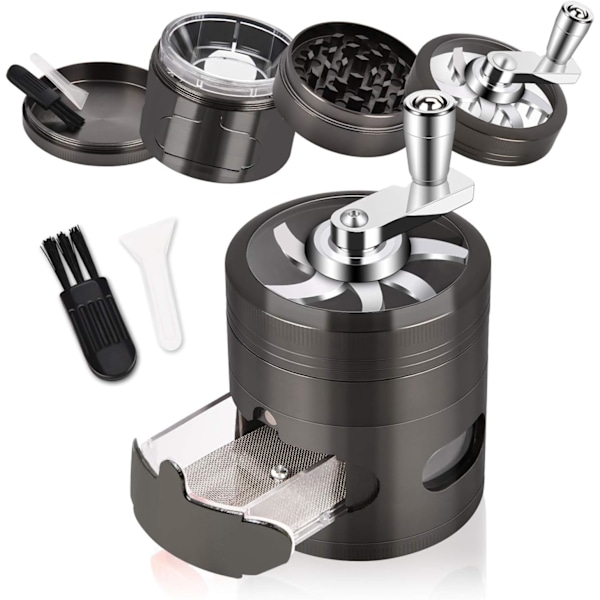 Håndsveiv Urte grinder, 2,5 tommer Krydderkvern med Håndtak og Magnetisk Lokk, 4 Deler Sink Legering Kvern med Skuff og Pollen Samler