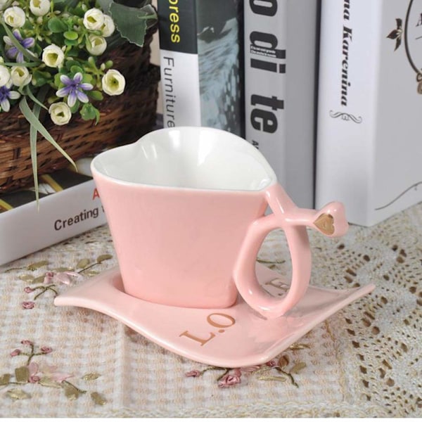 Återanvändbar Kärlek Kreativ Hjärta Form Kaffekopp Med Fat Sked För Älskare Fat Set Gåva - Perfekt Födelsedagspresent Värmebeständig (Färg : Rosa)