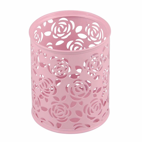 Metal Rose Flower Hollow Pen Blyant Pot Cylinder Container Makeup Kosmetiske Børster Holder Organizer (Pink-2 pakke)