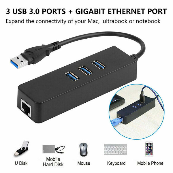 USB 3.0 Hub, 3 Portar med RJ45 10/100/1000 Gigabit Ethernet Nätverksadapter för Ultrabooks, Notebooks, Tablets och Mer