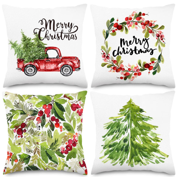 Juleputetrekk Merry Christmas Putetrekk 18x18 tommer Sett med 4 Wreath Xmas Tree Truck Berry Putetrekk for hjemmesovesofa Julefest