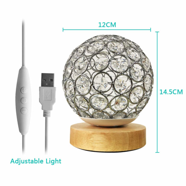 Krystall USB-bordlampe Sølv krystallkule med trebase Nattbordslampe Dimbar nattlys for soverom, stue, kontor, beste gaver