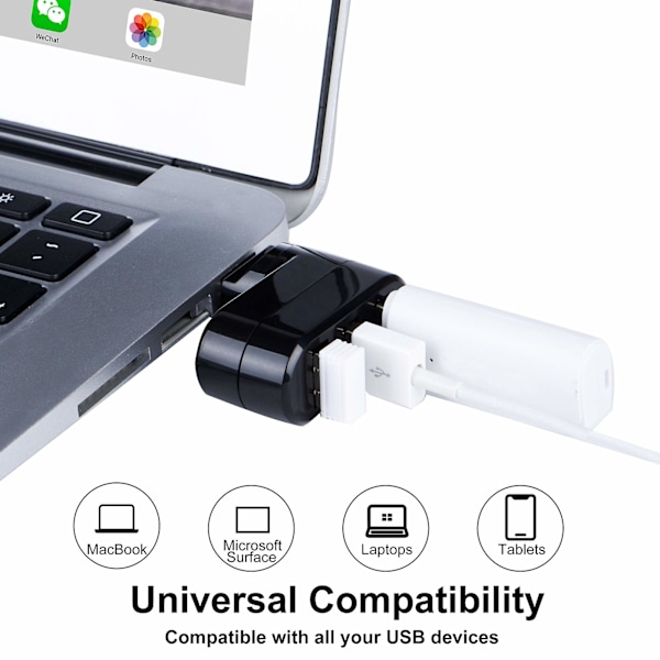 3 Portar USB 2.0 Hub 180 Graders Rotation Mini Roterande Extern Splitter Adapter För Notebook Laptop PC (Svart)