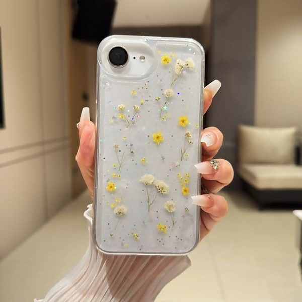 Blommor Skal för iPhone 15/14/13 Transparent Äkta Torkade Blommor Mobilskal Glitter Mjukt Silikonskyddsskal (Gul) Yellow