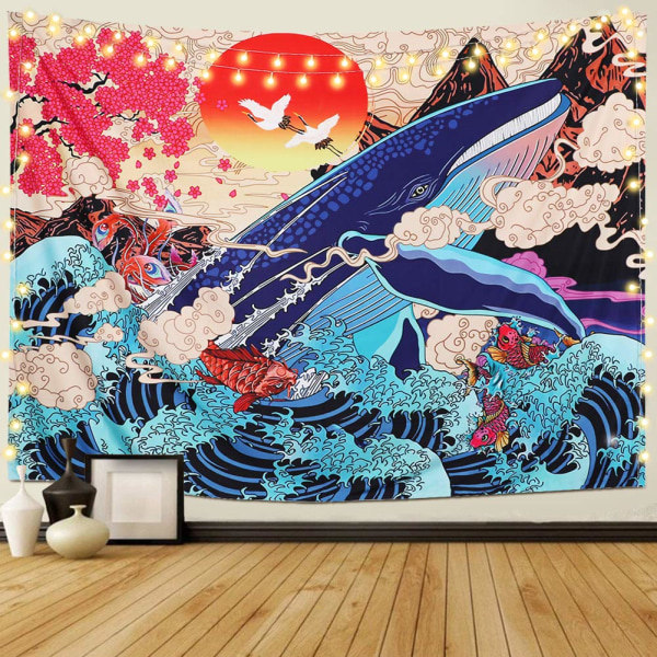 Seinävaate Wave Sea Koi Seinäkuvio iso Valas Eläin Auringonlasku Maisema Kuvakudos Seinäkoriste makuuhuoneeseen (valas, XL/175cm x 230cm)