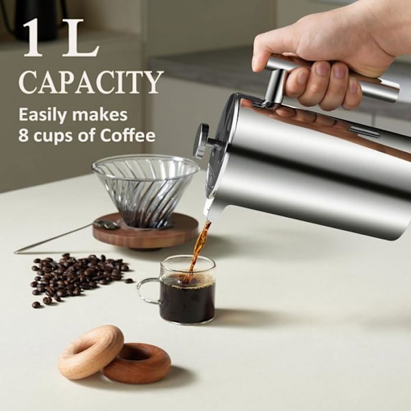 NetBoat Stempelkande med 2 Genanvendelige Kaffefiltre i Rustfrit Stål, 1 Liter (1000 ml)