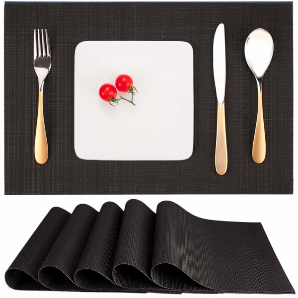 Bordstablett set om 6, tvättbar bordstablett Värmebeständig halkfri vävd PVC vinyl bordstablett för kök Matbord 30x45cm (svart)