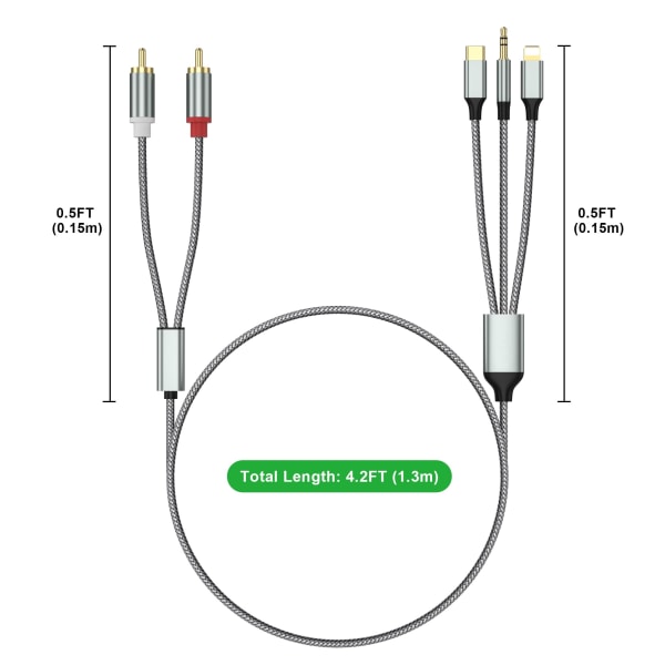Lightning till RCA kabel Audio Aux Adapter, RCA till 3,5 mm kabel, USB C till 2 RCA ljudkabel, 3 i 1 ljudkabel för bil, hemmabio, högtalare och mer
