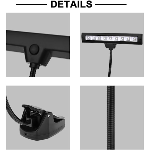 Notestativlampe med Klemme, 9 LED Klemmelampe, Notestativlys, Bærbar Fleksibel Leselampe for Soverom og Skrivebord