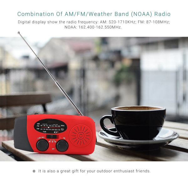 Bærbar solcelleradio, håndsving selvforsynet AM/FM/NOAA-radio, Dynamo vejrradio nødudstyr med 3-LED lommelygte og telefonoplader rød