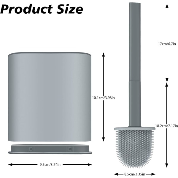 Toiletbørste og holder 2 PAK, dybderensende silikone toiletbørste, skridsikkert langt håndtag, toiletskål rengøringsbørstesæt til badeværelse (grå)
