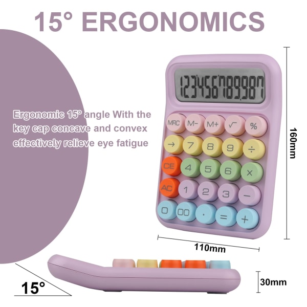 Färgglad Elektronisk Räknare, 12-Siffer Stor LCD-Skärm och Stora Runda Knappar Godisfärgad Skrivbordsräknare för Kontor, Skola, Hem (Lila) Purple