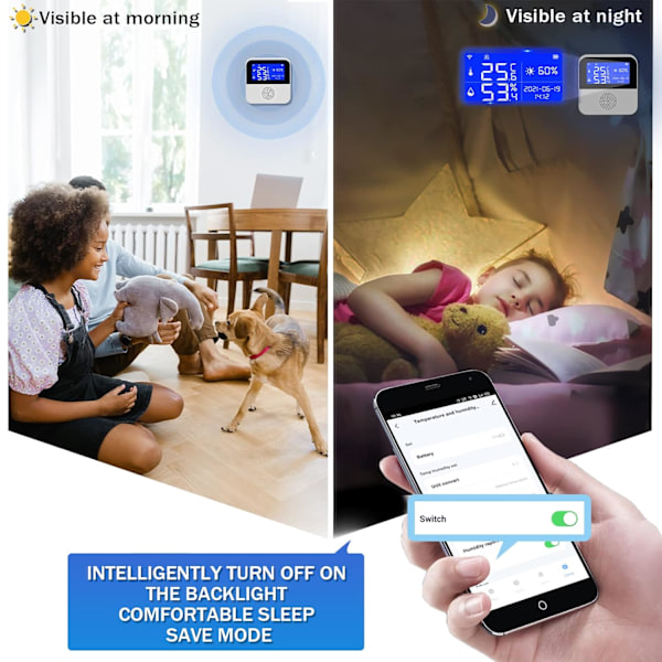 WiFi Temperatur Fugtighedsmonitor, med LCD Display Buzzer Alarm & App Alert Smart Temperatur Fugtighedssensor (2 stk)