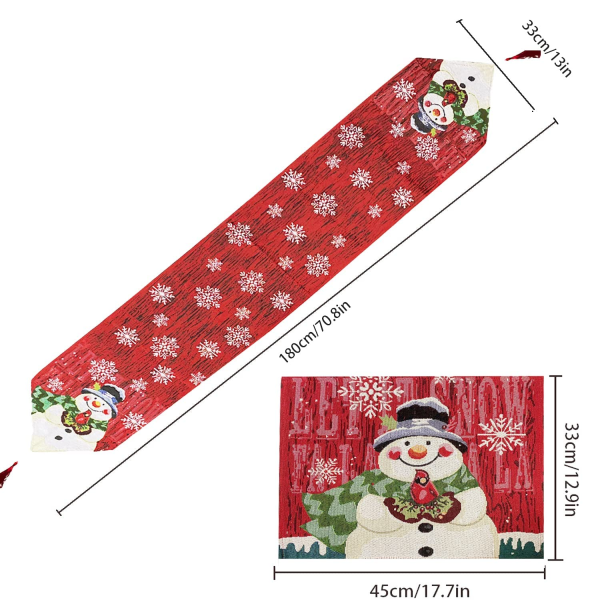 Jul bordmatter bordløpere brodert sett Christmas Snowman duk julepynt til bordmatter (bordløper(1+4))