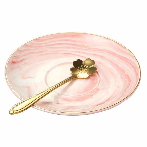 Marmorikeraaminen kuppi- ja set Camellia kuviollinen Bone China kahvimuki Teekuppi Kultainen koristelu, jossa kahvikuppi, lautanen ja lusikka, 200 ml, vaaleanpunainen Pink