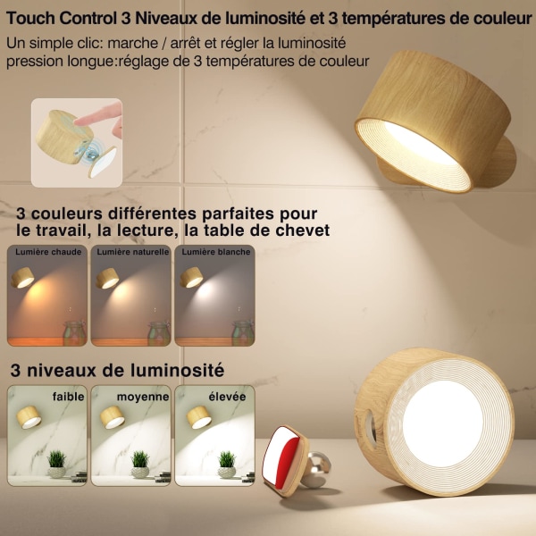Indendørs væglampe, Touch LED-væglampe med USB-opladningsport Touch Control, 3 lysstyrkeniveauer 3 temperaturer 360° roterbar lampe (trækorn)