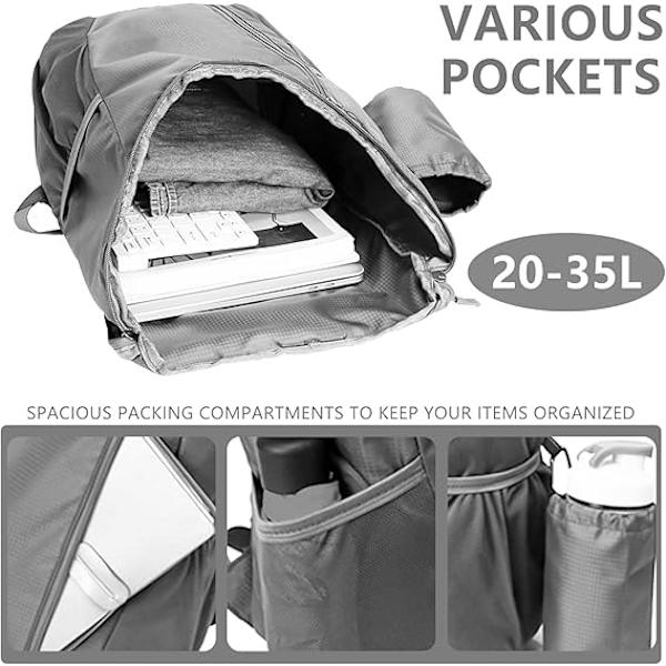 Sammenleggbar vanntett ryggsekk, liten tursekk, unisex, egnet for utendørs sport, reiser, fotturer, camping, gåing, grå grey