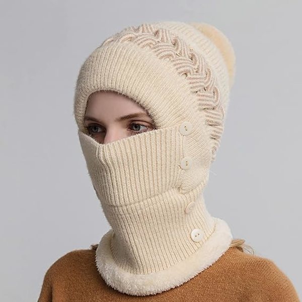 Hattu- ja huivisetti, Talvihattusetti, Naisten huivi- ja hattusetti, Naisten huivi, Hattu- ja maskisetti, Joululahja Beige
