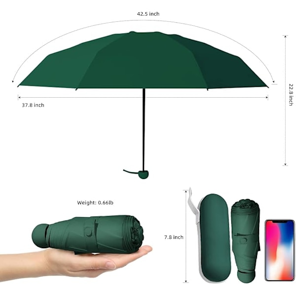Rejseparaply - Mini kompakt foldeparaply med pose, 8 ribber, letvægts bærbar paraply, lille sol- og regnparaply Dark green