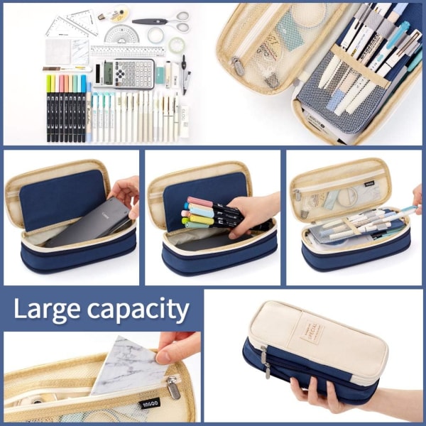 Pencil Pen Etui med Stor Kapacitet til Kontor, College, Skole, Stor Opbevaring, Taske, Pose, Holder, Boks, Organizer, Navy Navy, beige