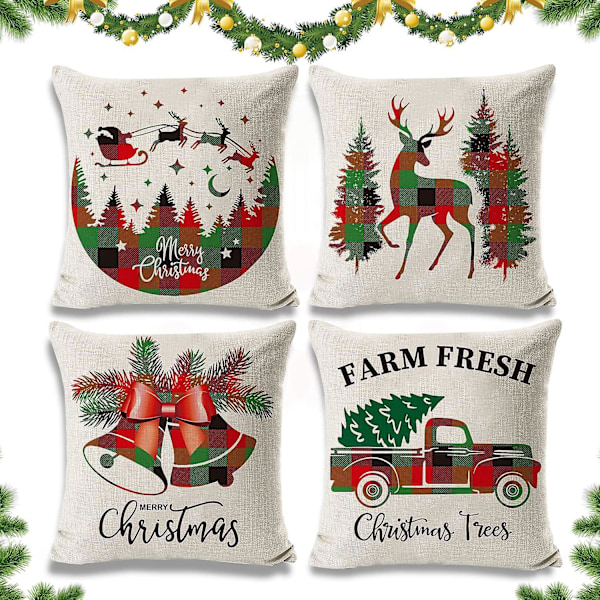 4 Pieces Christmas Cushion Cover 45x45cm,Christmas Pillowcase Cushion,Christmas Cotton Linen Pillowcase,Christmas Decor Pillowcase