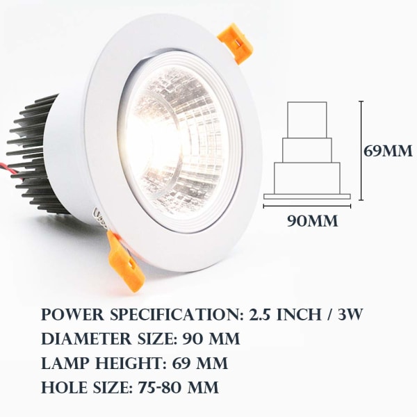 6-pak LED 7W COB forsænket loftslampe, AC 220-240V, Varm hvid 3000K, Juster vinkel 30°, IP44, Udskæring 70-80 mm, Til Stue, Gang (Sort)