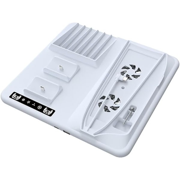 Kølestation til PS5 Slim-konsol, med dobbelt ladestation til PS5-controllere med 6 spildiskpladser, 2 kroge