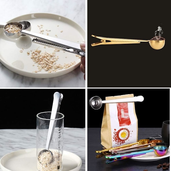2 stk. Kaffeskje med poseklype, 2 i 1 Måleskje for kaffe i rustfritt stål, forsegler for kaffebønner og melkepulver (Sølv + Gull)