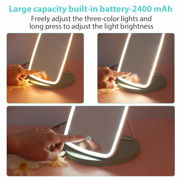 Meikkipeili, 3 värin LED-kirkkaudensäätöinen meikkipeili USB-ladattavalla 2400 mAh akulla, kannettava kosketusnäytöllinen valopeili