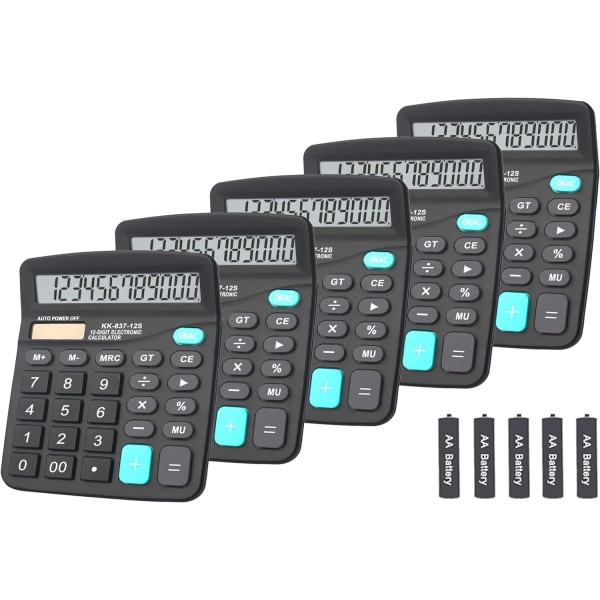 Lommeregner, 12-bit Dual Power håndholdt skrivebordsberegner med stor LCD-skærm Store følsomme knapper (sort, 5-pack)