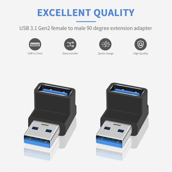 90 asteen USB 3.0 -sovitin, USB laajennussovitin 10 Gbps, USB 3.0 USB 3.1 uros-naaras Tyyppi A - tyyppi A kaapelisovitin, UP & Down USB A - A, 2 pakkaus