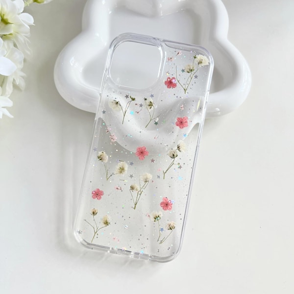 Blommor Skal för iPhone 15/14/13 Transparent Äkta Torkade Blommor Mobilskal Glitter Mjukt Silikonskyddsskal (Gul) Yellow