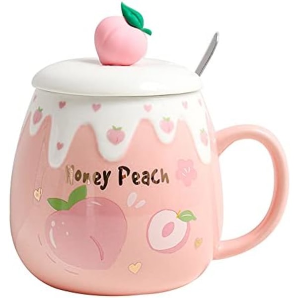 Hedelmämuki kannella Lusikka 3D Söpö keraaminen kahvi-teekuppi Set Syntymäpäivälahja naisten ystävien ystäville (vaaleanpunainen persikka, 500 ml)