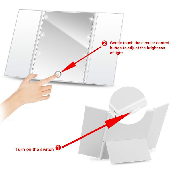 Tri-Fold Smink Spegel Reseförpackning Fick Spegel med 8 LED-lampor Batteri Ingår - Vit white