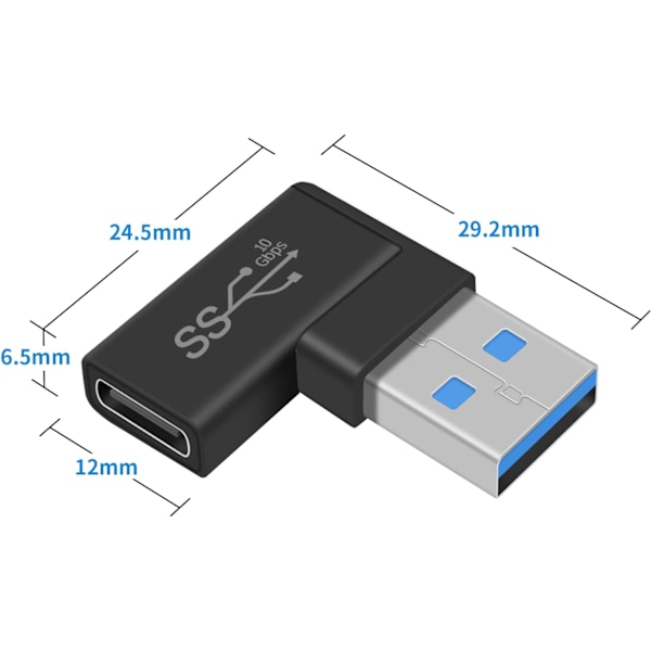 10 Gbps vinkelret USB 3.0 han til USB C hun adapter, 90 graders USB 3.1 Gen2 USB C til USB 3.0 adapter til PC, bærbar computer, mobiltelefon