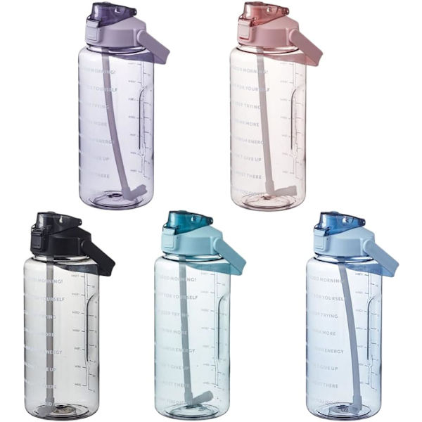 Stor vattenflaska med sugrör 2 liter tidsmarkörer svart