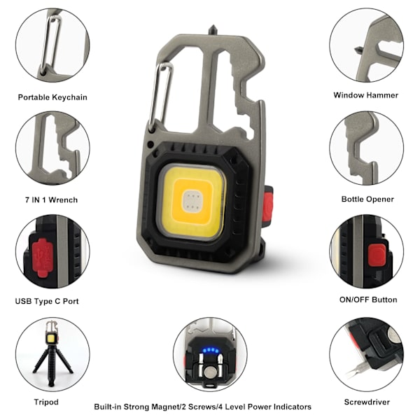 Mini Bærbar Arbejdslampe 7 Tilstande Nøglering Vandtæt Lommelygte Genopladelige Inspektionslamper, med Oplukker, Magnetisk Base, Tripod