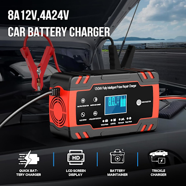 Batterilader, 8A 12V / 4A 24V Helautomatisk Smart Billader, LCD-skjerm Brukes i Bil, Motorsykkel, etc. Batterilader