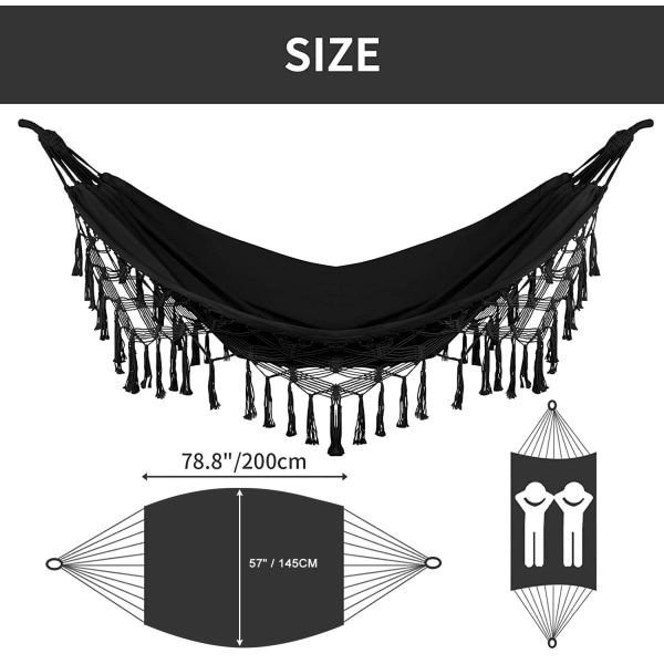 Double Hammock, Heavy Duty 500 lb Load Capacity Tassels and Fishtail Knitting with Mounting Straps for Outdoor Camping Patio Balcony Black