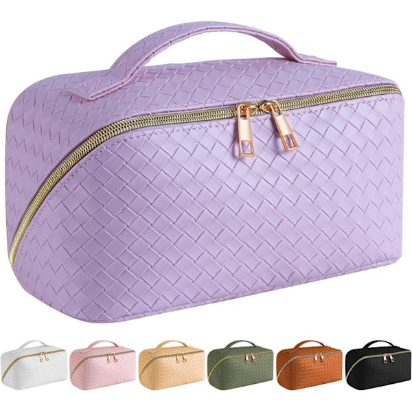 Kosmetiktaske med stor kapacitet til rejser - Makeup taske, PU læder vandtæt kosmetiktaske (Lilla) purple