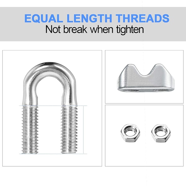 10 stk. Wire Rope Kabelklemmer M6 for Ø 6mm (1/4\"), Stål U Bolt Sal Festeklips for Rigging Tau og Strekkabel Hage Strekkvaier