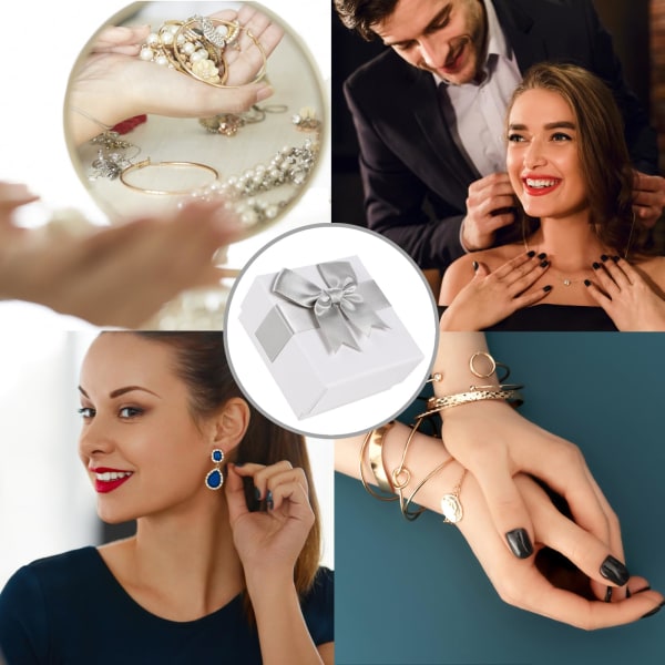 2 st Små Presentaskar för Smycken Vit Kvadratisk Pappersask för Smycken Halsband Presenter med Lock Presentaskar med Grå Rosett för Bröllop Jul
