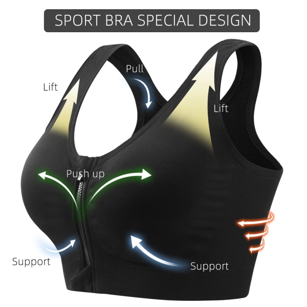 2 sports-bh'er med lynlås foran med aftagelige puder til kvinder løbeskjorte yoga tanktop (XL)
