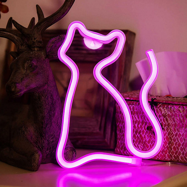 Neon-skylt med katt - väggdekoration med LED-skylt, batteridriven   USB-driven, rosa