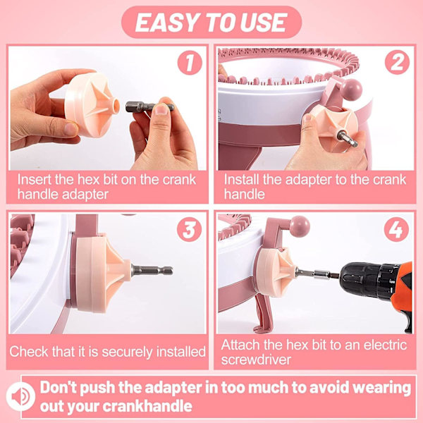 Strikkemaskineadapter til boremaskine, Quick Knit strømadapter til Sentro 22, 40, 48, Jamit, med sekskantet stålborebit skruetrækkerbeslag (Pink)
