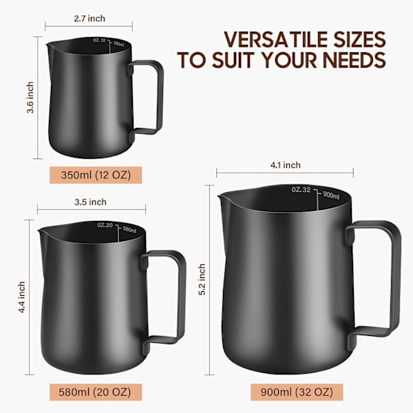 Svart melkeskummerkanne i rustfritt stål for barista, metallkanne for skumming av melk, melkekanne i rustfritt stål for kaffe - 350 ml (12 oz) black