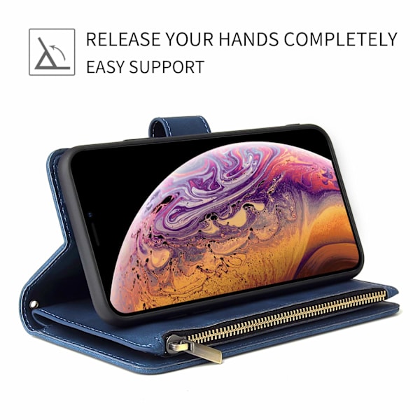 Plånboksfodral för iPhone 11, Handväska med dragkedja, Fodral med Ställ, Kortfack med Handledsrem, TPU Stötsäkert Flipskydd för iPhone 11 - Blå