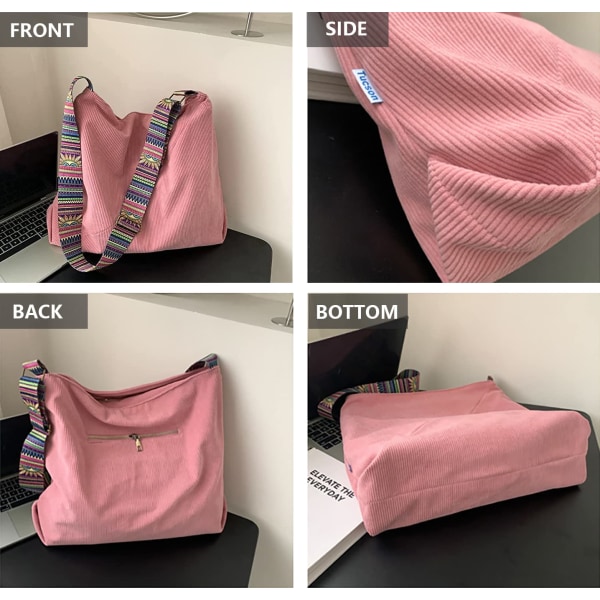 Corduroy Crossbody tygväska för kvinnor, Casual axelväska Stor kapacitet Shopping Crossbody väska, rosa pink