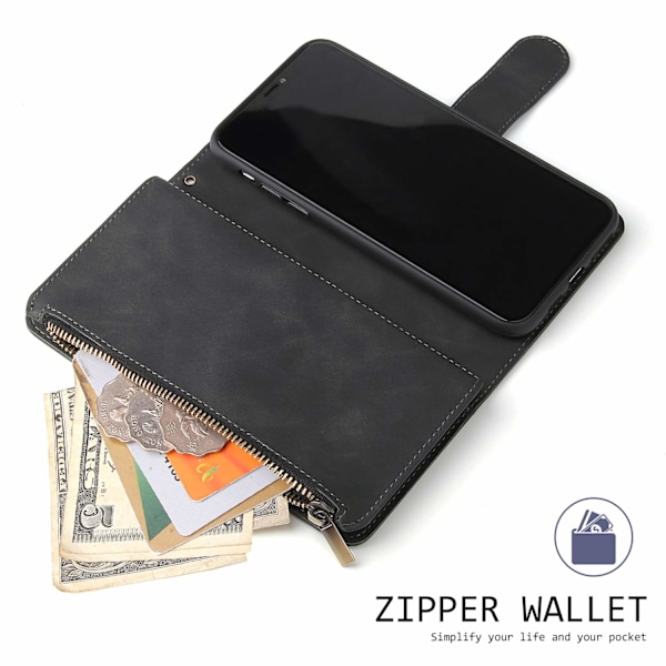 Wallet Case til iPhone 11, Håndtaske med Lynlåslomme, Støttefod, Kortholder Slots med Håndledsrem TPU Stødsikkert Flip Cover til iPhone 11 - Sort